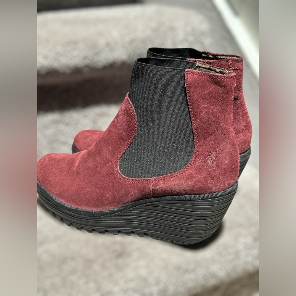 SOLD NEW Fly London Wine Suede Leather Wedge Ankle Boots Pull-On Women’s US 7.5 - Picture 4 of 10